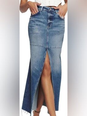 Reformation Blue High-Waist Denim Maxi Skirt with Front Slit